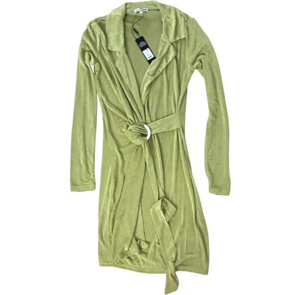 Fashion Nova Dresses & Skirts - Fashion Nova Chartreuse Slinky Wrap Mini Dress Women’s Size Large NWT